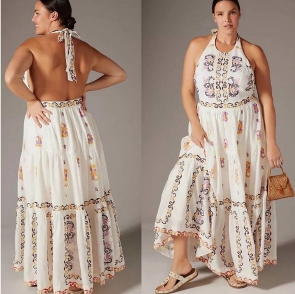 NWT Anthropologie Embroidered Halter Maxi Dress Size 12 In Ivory